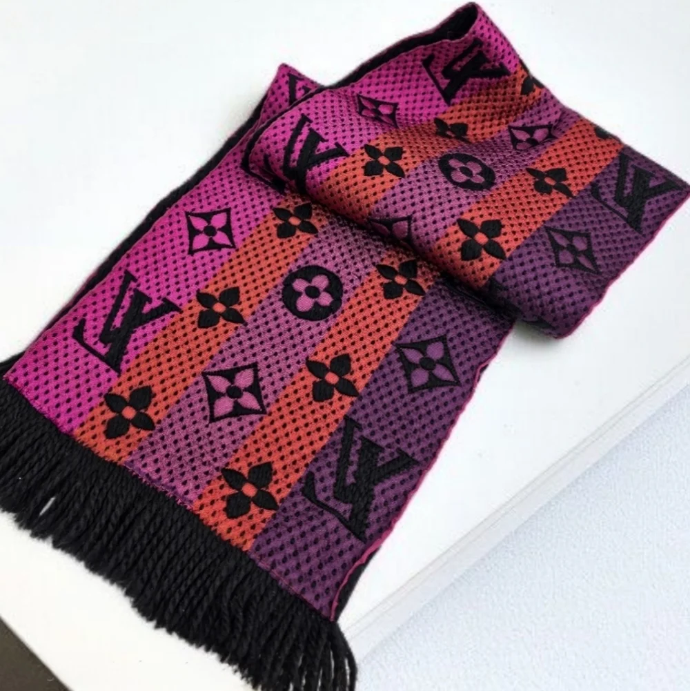 Louis Vuitton Echarpe Logomania Rainbow Wool Silk Scarf Black Pink